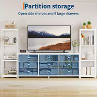 Meuble TV commode avec 9 tiroirs en tissu et 2 étagères de rangement industrielles 4 niveaux pour salon