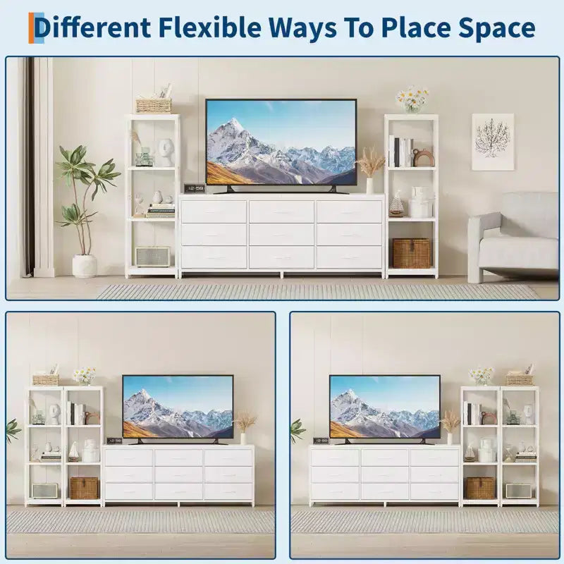 Meuble TV commode avec 9 tiroirs en tissu et 2 étagères de rangement industrielles 4 niveaux pour salon