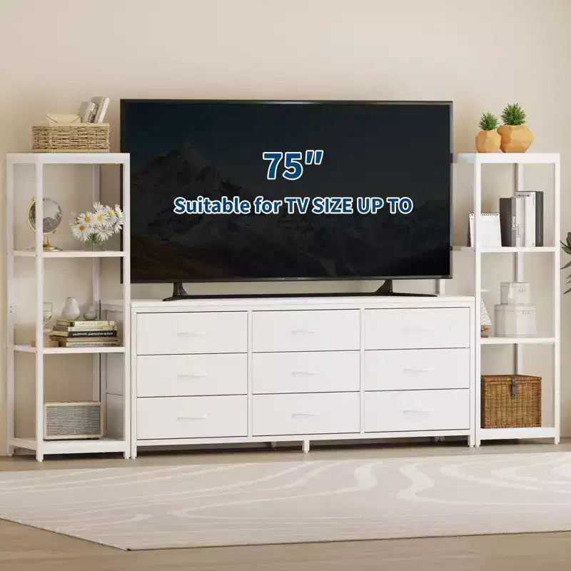 Meuble TV commode avec 9 tiroirs en tissu et 2 étagères de rangement industrielles 4 niveaux pour salon