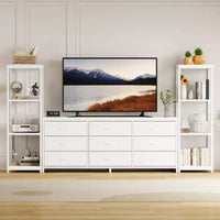 Meuble TV commode avec 9 tiroirs en tissu et 2 étagères de rangement industrielles 4 niveaux pour salon