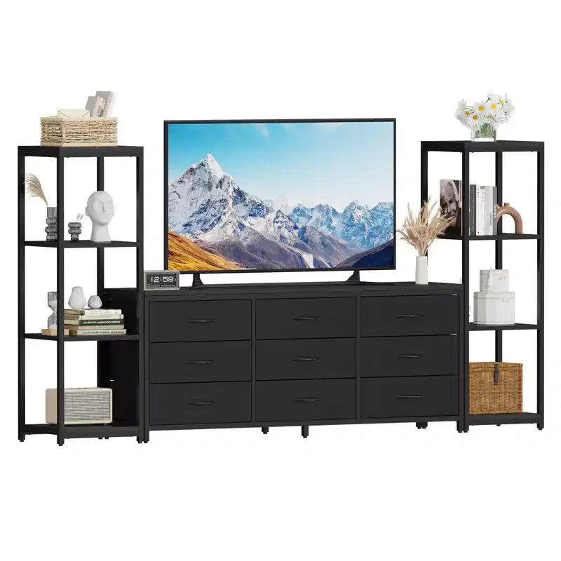 Meuble TV commode avec 9 tiroirs en tissu et 2 étagères de rangement industrielles 4 niveaux pour salon