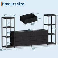 Meuble TV commode avec 9 tiroirs en tissu et 2 étagères de rangement industrielles 4 niveaux pour salon