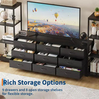 Meuble TV commode avec 9 tiroirs en tissu et 2 étagères de rangement industrielles 4 niveaux pour salon