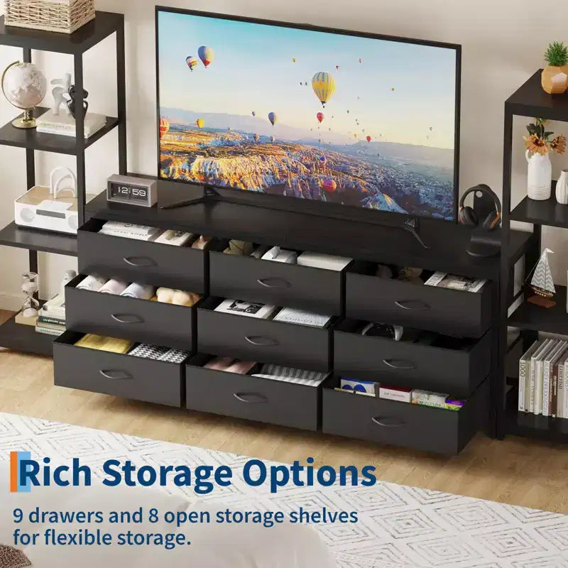 Meuble TV commode avec 9 tiroirs en tissu et 2 étagères de rangement industrielles 4 niveaux pour salon