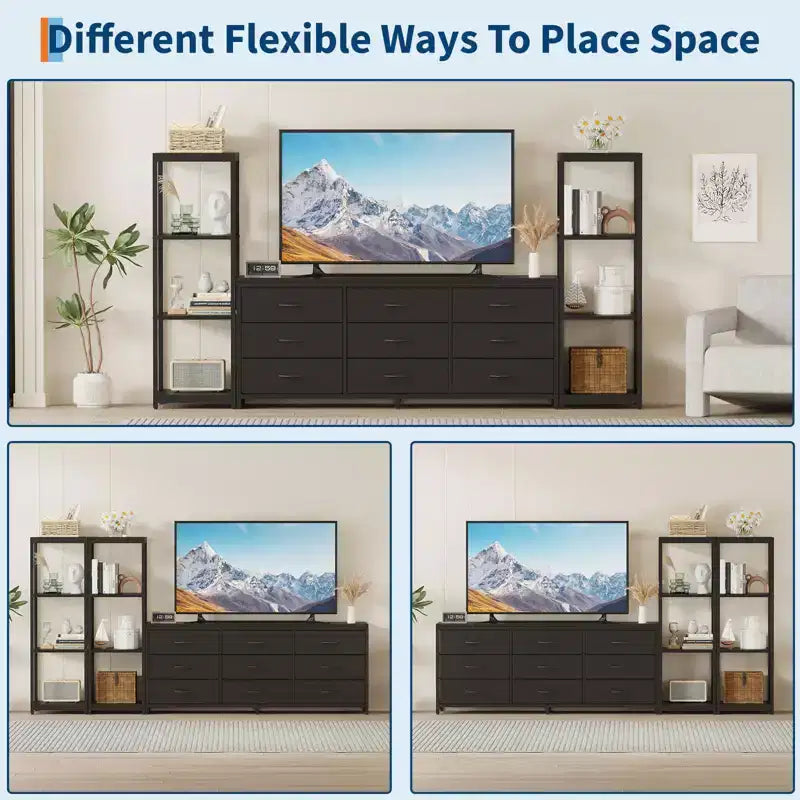 Meuble TV commode avec 9 tiroirs en tissu et 2 étagères de rangement industrielles 4 niveaux pour salon
