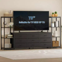 Meuble TV commode avec 9 tiroirs en tissu et 2 étagères de rangement industrielles 4 niveaux pour salon