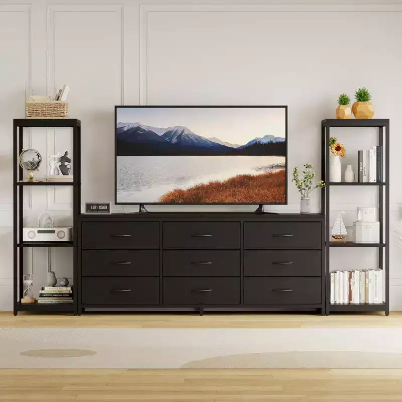 Meuble TV commode avec 9 tiroirs en tissu et 2 étagères de rangement industrielles 4 niveaux pour salon