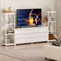 Meuble TV commode avec 9 tiroirs en tissu et 2 étagères de rangement industrielles 4 niveaux pour salon