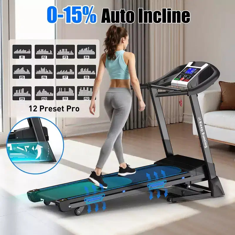 Tapis de course électrique pliable Whisen, machine de course et de marche de 3,5 CV avec inclinaison automatique - Noir