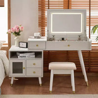 Coiffeuse 3-EN-1 Okak avec miroir rabattable et armoire réglable, table de maquillage avec tabouret rembourré, table de coiffeuse pour chambre, blanc