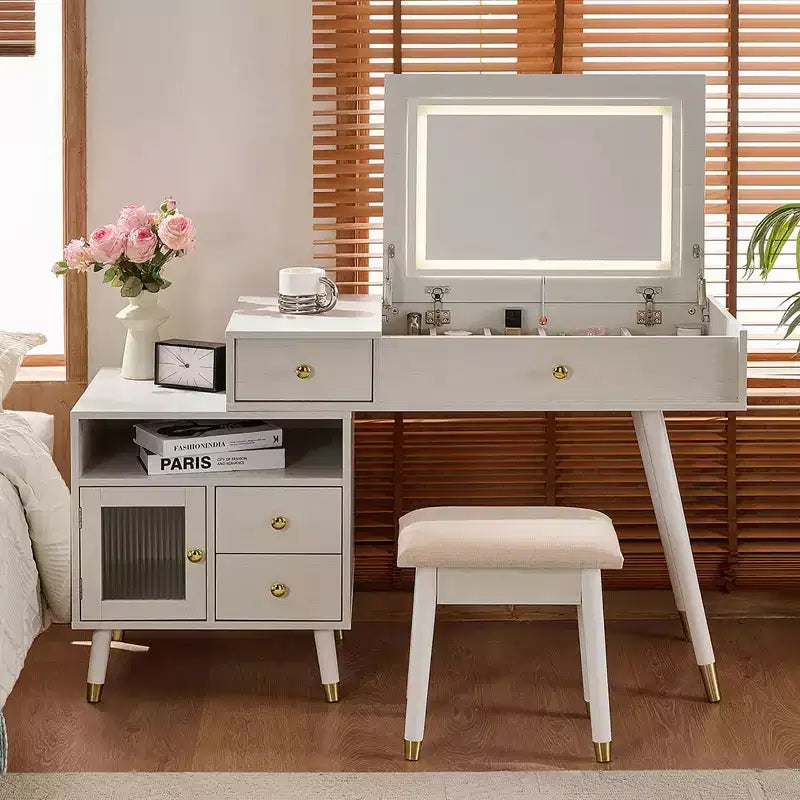 Coiffeuse 3-EN-1 Okak avec miroir rabattable et armoire réglable, table de maquillage avec tabouret rembourré, table de coiffeuse pour chambre, blanc
