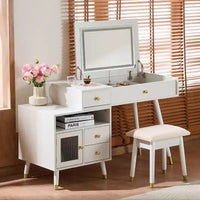 Coiffeuse 3-EN-1 Okak avec miroir rabattable et armoire réglable, table de maquillage avec tabouret rembourré, table de coiffeuse pour chambre, blanc
