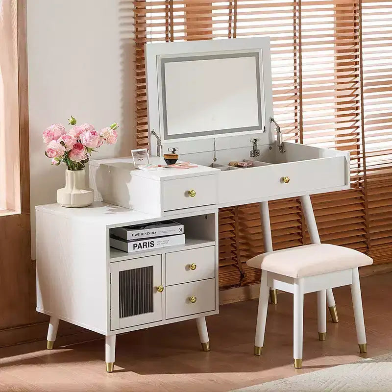 Coiffeuse 3-EN-1 Okak avec miroir rabattable et armoire réglable, table de maquillage avec tabouret rembourré, table de coiffeuse pour chambre, blanc