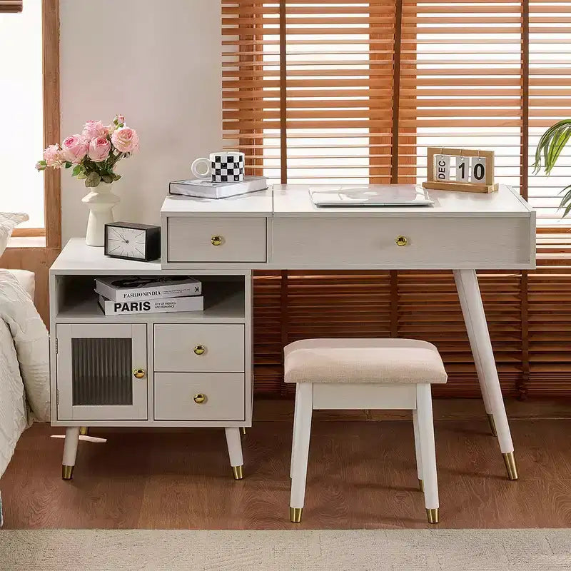 Coiffeuse 3-EN-1 Okak avec miroir rabattable et armoire réglable, table de maquillage avec tabouret rembourré, table de coiffeuse pour chambre, blanc