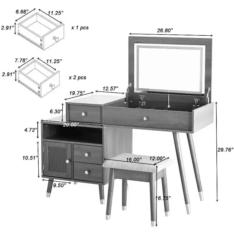 Coiffeuse 3-EN-1 Okak avec miroir rabattable et armoire réglable, table de maquillage avec tabouret rembourré, table de coiffeuse pour chambre, blanc