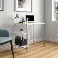 TUYOHW Bureau étudiant avec rangement latéral, bureau d'étude moderne avec plateau stratifié et structure métallique, plan de travail spacieux avec étagères pour devoirs, ordinateur portable, livres, blanc