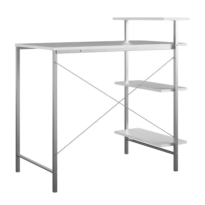 TUYOHW Bureau étudiant avec rangement latéral, bureau d'étude moderne avec plateau stratifié et structure métallique, plan de travail spacieux avec étagères pour devoirs, ordinateur portable, livres, blanc