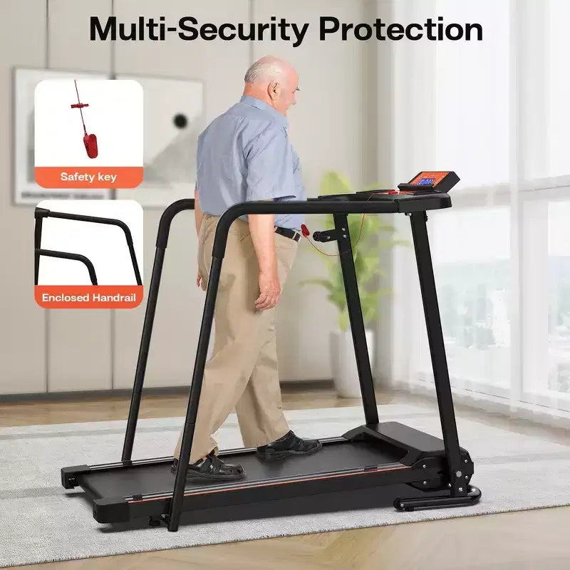 Tapis de course pliable Whisen Walking, avec mains courantes étendues pour la récupération physique - Noir et orange