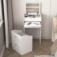Coiffeuse de maquillage avec miroir, petit ensemble coiffeuse de maquillage avec compartiment de rangement, 2 tiroirs et tabouret caché, table de coiffeuse moderne gain de place