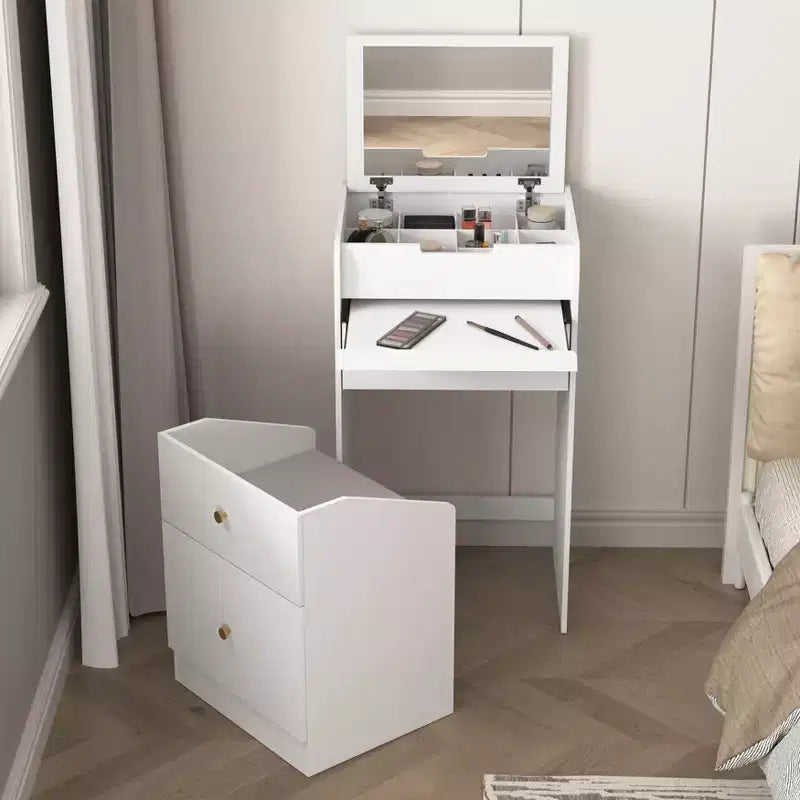 Coiffeuse de maquillage avec miroir, petit ensemble coiffeuse de maquillage avec compartiment de rangement, 2 tiroirs et tabouret caché, table de coiffeuse moderne gain de place