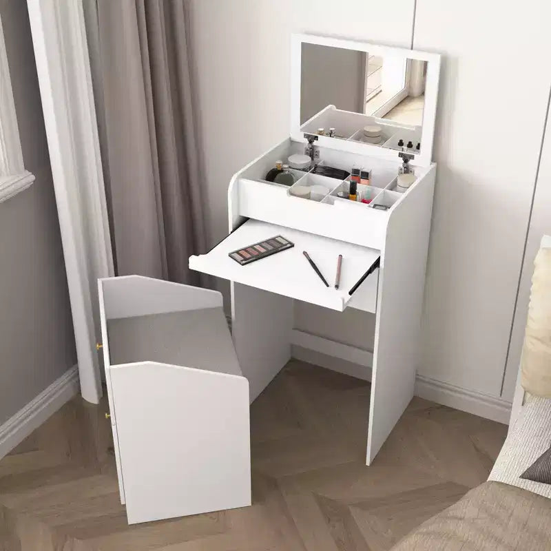 Coiffeuse de maquillage avec miroir, petit ensemble coiffeuse de maquillage avec compartiment de rangement, 2 tiroirs et tabouret caché, table de coiffeuse moderne gain de place