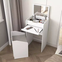 Coiffeuse de maquillage avec miroir, petit ensemble coiffeuse de maquillage avec compartiment de rangement, 2 tiroirs et tabouret caché, table de coiffeuse moderne gain de place