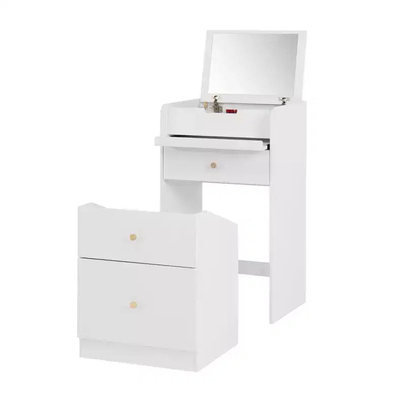 Coiffeuse de maquillage avec miroir, petit ensemble coiffeuse de maquillage avec compartiment de rangement, 2 tiroirs et tabouret caché, table de coiffeuse moderne gain de place