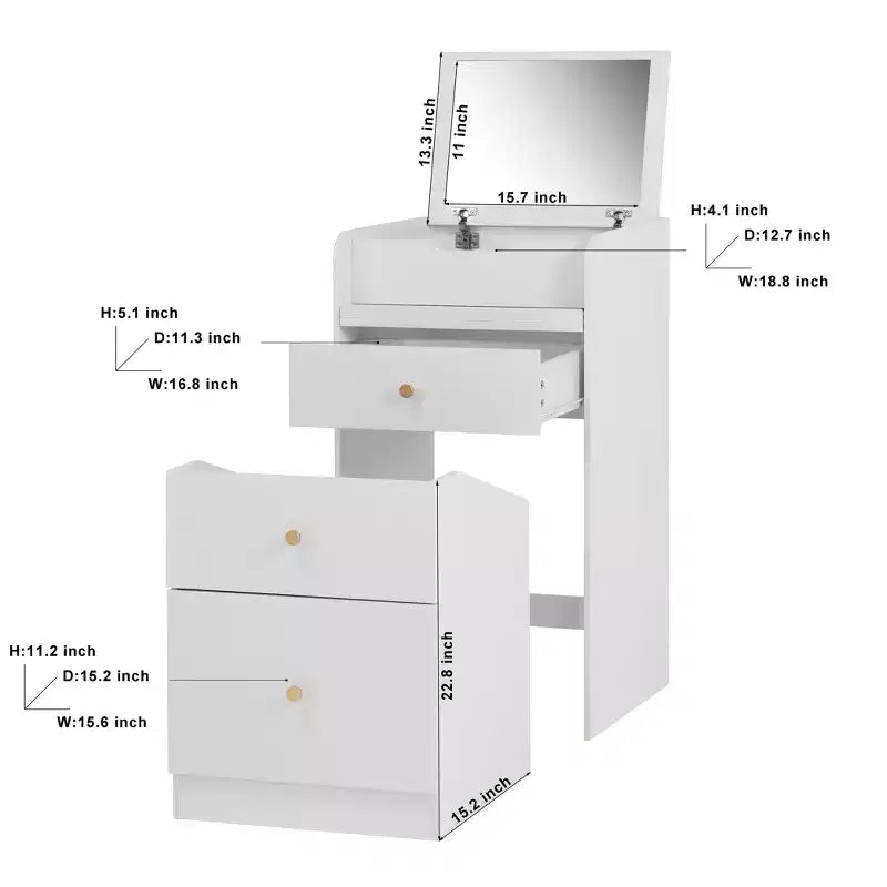 Coiffeuse de maquillage avec miroir, petit ensemble coiffeuse de maquillage avec compartiment de rangement, 2 tiroirs et tabouret caché, table de coiffeuse moderne gain de place