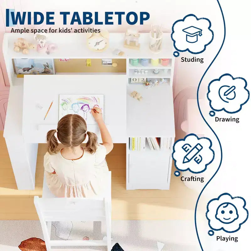Ensemble bureau et chaise d'étude pour enfants, bureau enfant avec vaisselier et plateau inclinable, table d'étude pour enfants en bois avec armoire de rangement, bureaux d'écriture étudiant
