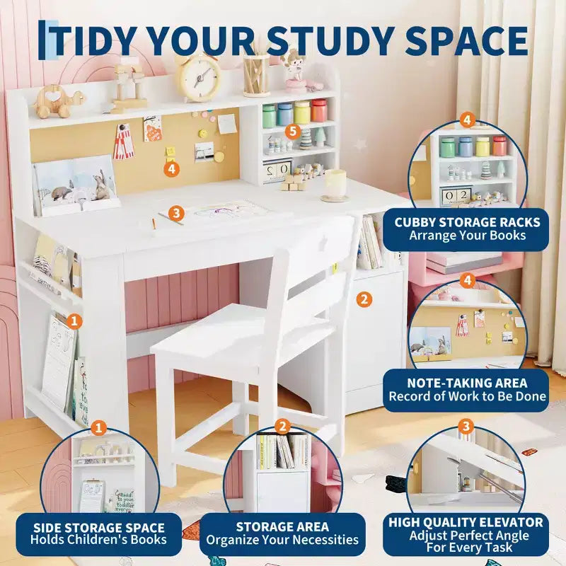 Ensemble bureau et chaise d'étude pour enfants, bureau enfant avec vaisselier et plateau inclinable, table d'étude pour enfants en bois avec armoire de rangement, bureaux d'écriture étudiant
