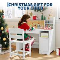 Ensemble bureau et chaise d'étude pour enfants, bureau enfant avec vaisselier et plateau inclinable, table d'étude pour enfants en bois avec armoire de rangement, bureaux d'écriture étudiant
