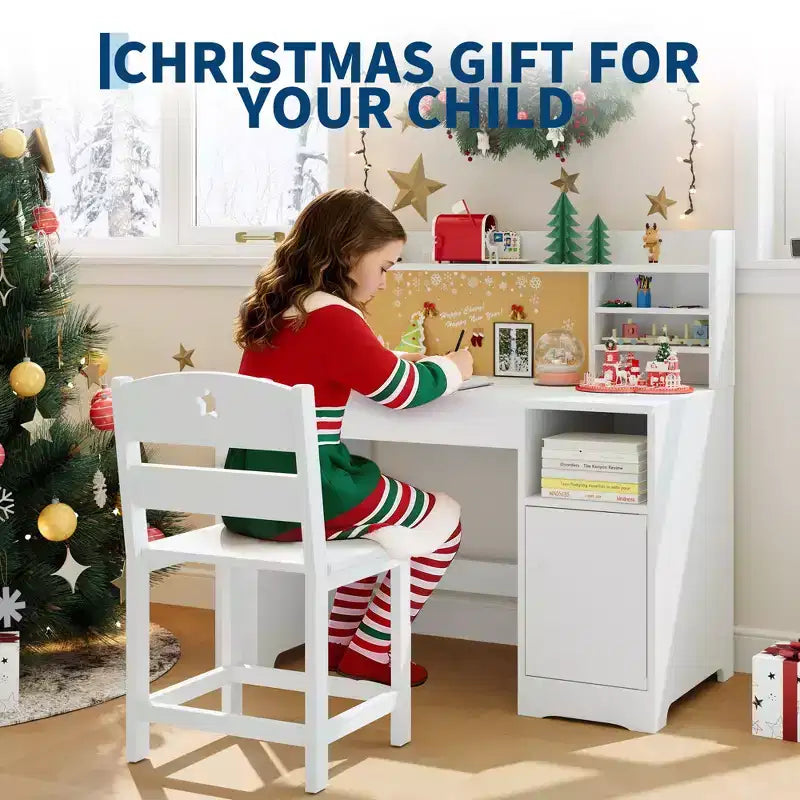 Ensemble bureau et chaise d'étude pour enfants, bureau enfant avec vaisselier et plateau inclinable, table d'étude pour enfants en bois avec armoire de rangement, bureaux d'écriture étudiant