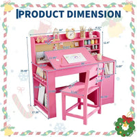 Ensemble bureau et chaise d'étude pour enfants, bureau enfant avec vaisselier et plateau inclinable, table d'étude pour enfants en bois avec armoire de rangement, bureaux d'écriture étudiant