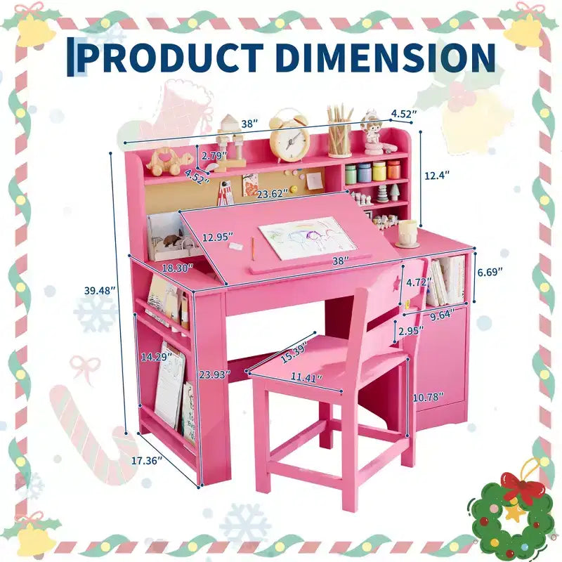 Ensemble bureau et chaise d'étude pour enfants, bureau enfant avec vaisselier et plateau inclinable, table d'étude pour enfants en bois avec armoire de rangement, bureaux d'écriture étudiant