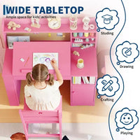 Ensemble bureau et chaise d'étude pour enfants, bureau enfant avec vaisselier et plateau inclinable, table d'étude pour enfants en bois avec armoire de rangement, bureaux d'écriture étudiant