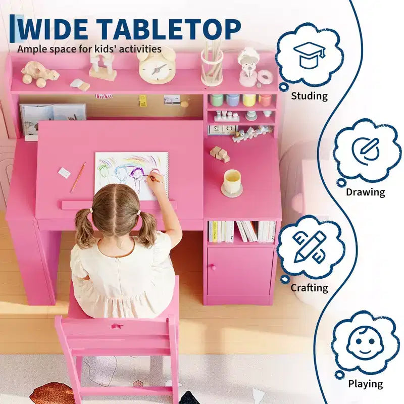 Ensemble bureau et chaise d'étude pour enfants, bureau enfant avec vaisselier et plateau inclinable, table d'étude pour enfants en bois avec armoire de rangement, bureaux d'écriture étudiant