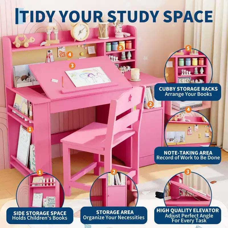 Ensemble bureau et chaise d'étude pour enfants, bureau enfant avec vaisselier et plateau inclinable, table d'étude pour enfants en bois avec armoire de rangement, bureaux d'écriture étudiant