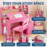Ensemble bureau et chaise d'étude pour enfants, bureau enfant avec vaisselier et plateau inclinable, table d'étude pour enfants en bois avec armoire de rangement, bureaux d'écriture étudiant