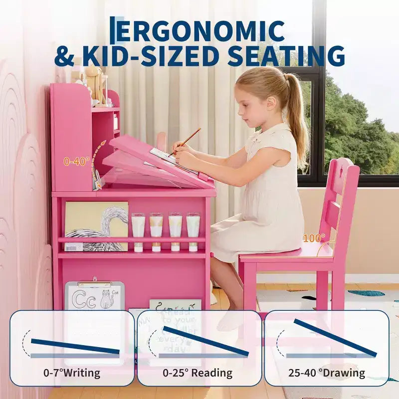Ensemble bureau et chaise d'étude pour enfants, bureau enfant avec vaisselier et plateau inclinable, table d'étude pour enfants en bois avec armoire de rangement, bureaux d'écriture étudiant