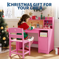 Ensemble bureau et chaise d'étude pour enfants, bureau enfant avec vaisselier et plateau inclinable, table d'étude pour enfants en bois avec armoire de rangement, bureaux d'écriture étudiant