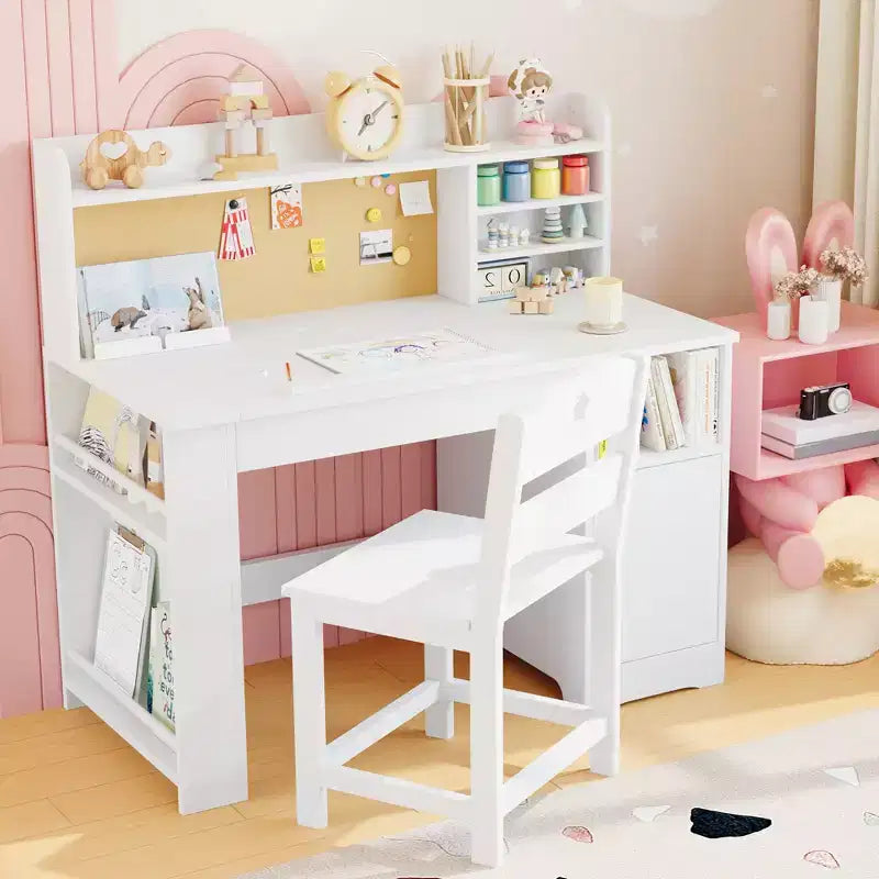 Ensemble bureau et chaise d'étude pour enfants, bureau enfant avec vaisselier et plateau inclinable, table d'étude pour enfants en bois avec armoire de rangement, bureaux d'écriture étudiant