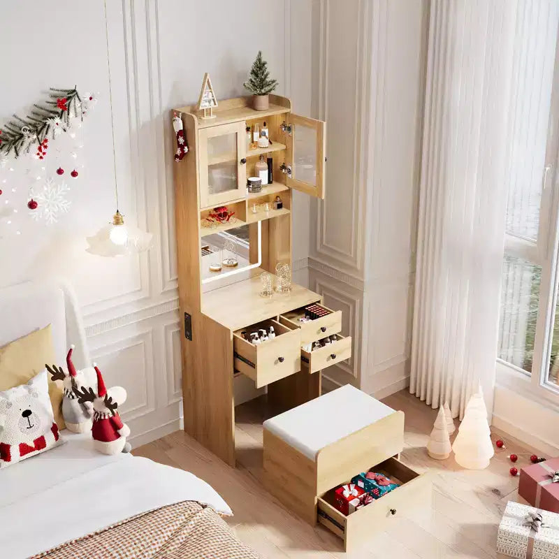 Coiffeuse compacte, bureau de coiffeuse de maquillage avec miroir et lumières, ensemble table de coiffeuse blanc avec station de recharge, petite coiffeuse pour filles et chaise de rangement
