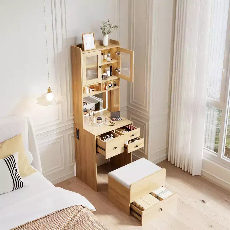Coiffeuse compacte, bureau de coiffeuse de maquillage avec miroir et lumières, ensemble table de coiffeuse blanc avec station de recharge, petite coiffeuse pour filles et chaise de rangement