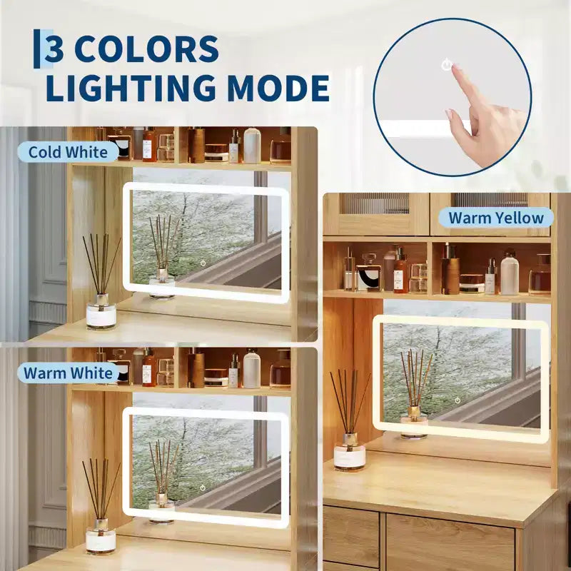 Coiffeuse compacte, bureau de coiffeuse de maquillage avec miroir et lumières, ensemble table de coiffeuse blanc avec station de recharge, petite coiffeuse pour filles et chaise de rangement