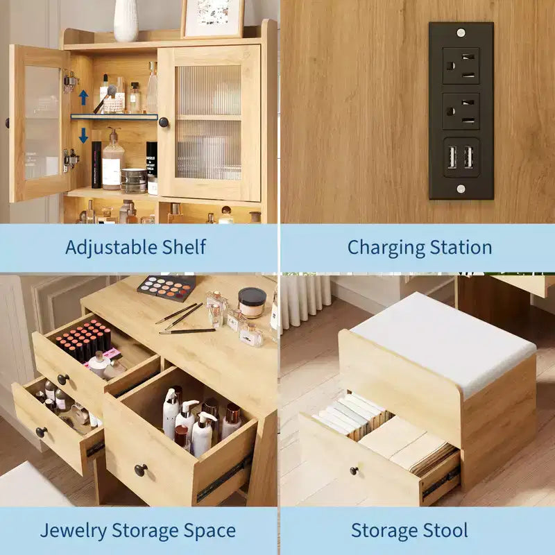 Coiffeuse compacte, bureau de coiffeuse de maquillage avec miroir et lumières, ensemble table de coiffeuse blanc avec station de recharge, petite coiffeuse pour filles et chaise de rangement