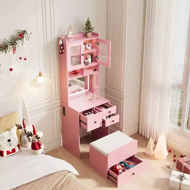Coiffeuse compacte, bureau de coiffeuse de maquillage avec miroir et lumières, ensemble table de coiffeuse blanc avec station de recharge, petite coiffeuse pour filles et chaise de rangement