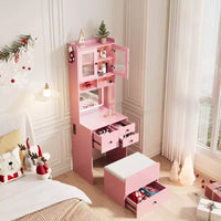 Coiffeuse compacte, bureau de coiffeuse de maquillage avec miroir et lumières, ensemble table de coiffeuse blanc avec station de recharge, petite coiffeuse pour filles et chaise de rangement