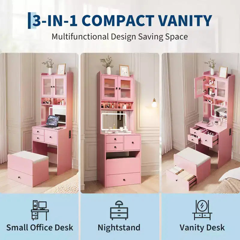 Coiffeuse compacte, bureau de coiffeuse de maquillage avec miroir et lumières, ensemble table de coiffeuse blanc avec station de recharge, petite coiffeuse pour filles et chaise de rangement