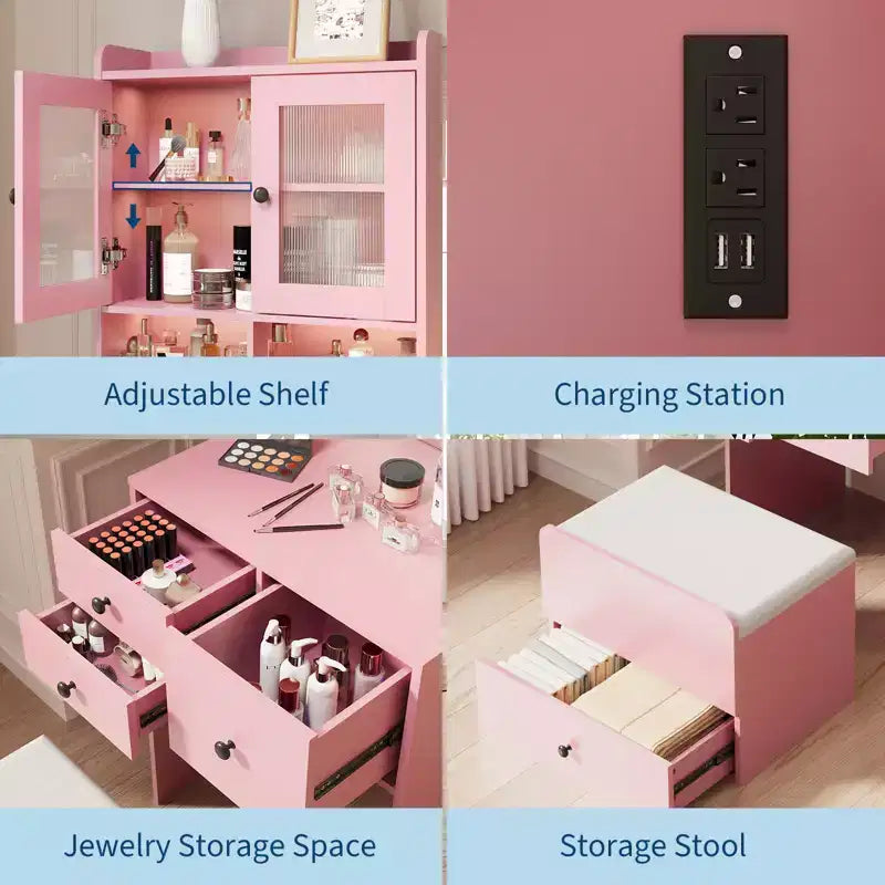 Coiffeuse compacte, bureau de coiffeuse de maquillage avec miroir et lumières, ensemble table de coiffeuse blanc avec station de recharge, petite coiffeuse pour filles et chaise de rangement