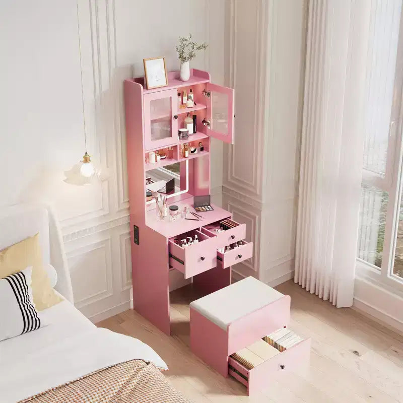 Coiffeuse compacte, bureau de coiffeuse de maquillage avec miroir et lumières, ensemble table de coiffeuse blanc avec station de recharge, petite coiffeuse pour filles et chaise de rangement